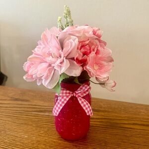 Pink Floral Arrangement in Magenta Mason Jar Vase with Gingham Ribbon Valentines